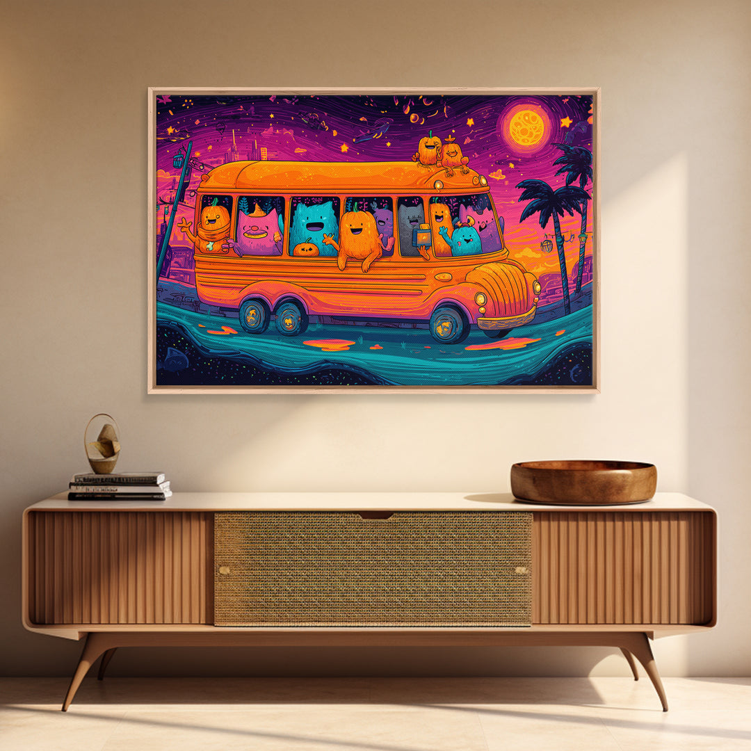 The Pumpkin School Bus, 80s Halloween Wall Art, Landscape Wall Art, Framed Canvas Print, Retro Halloween Decor, Neon Wall Art
