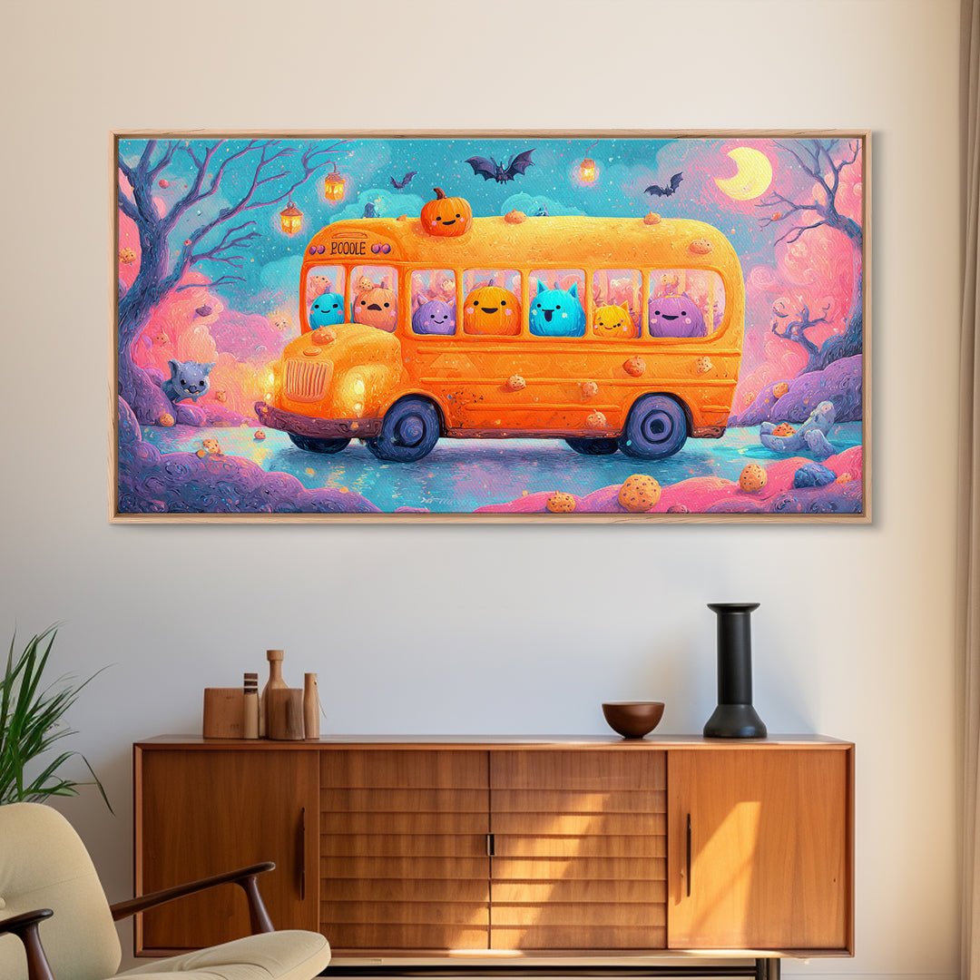 The Pumpkin School Bus, 80s Halloween Wall Art, Wide Panoramic Art, Canvas Print, Retro Halloween Decor, Neon Wall Art, Statement Wall Art