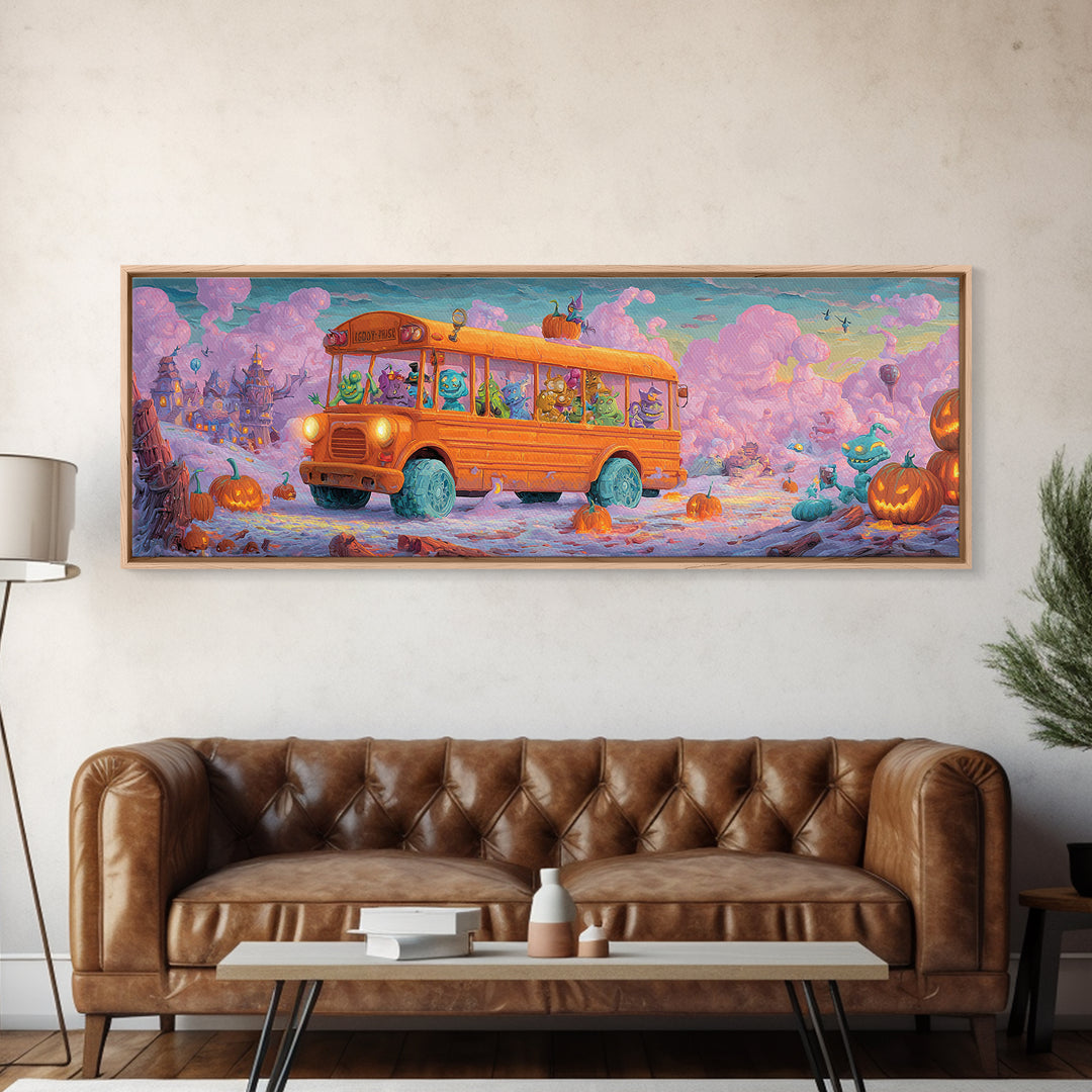 The Pumpkin School Bus, 80s Halloween Wall Art, Extra Wide Wall Art, Framed Canvas Print, Retro Halloween Decor, Neon Wall Art