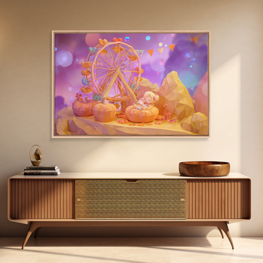 The Pumpkin Ferris Wheel, 80s Halloween Wall Art, Landscape Wall Art, Canvas Print, Retro Halloween Decor, Neon Wall Art, Dark Fantasy Art