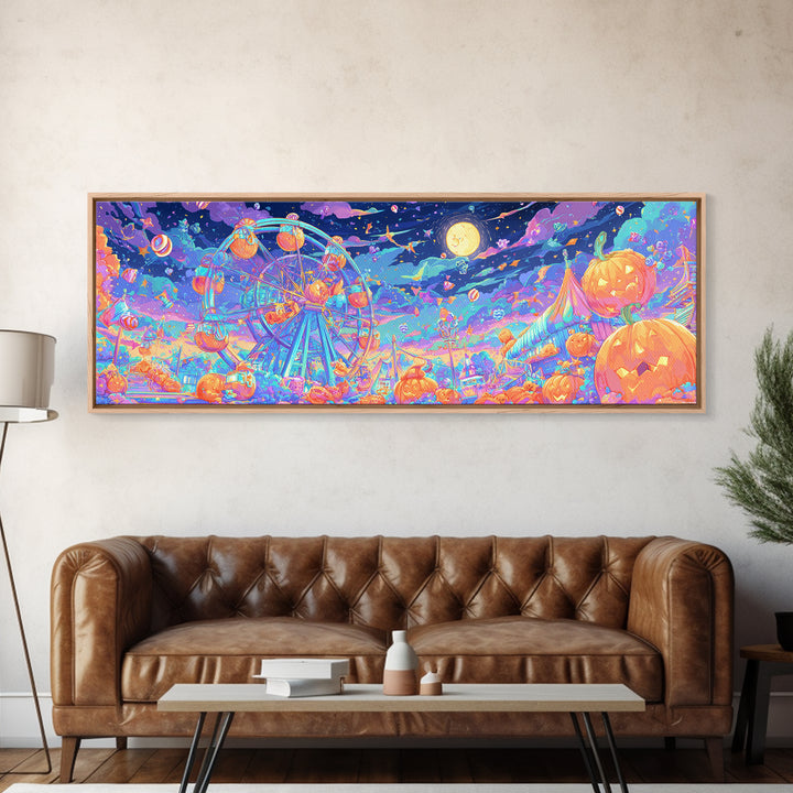 The Pumpkin Ferris Wheel, Retro Neon Halloween Art, Extra Wide Wall Art, Framed Canvas Print, Retro Halloween Decor, Neon Wall Art
