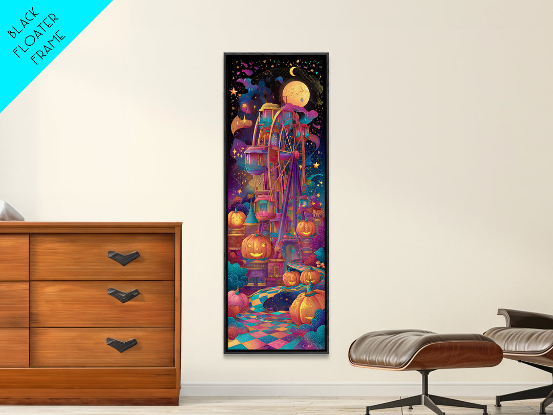 The Pumpkin Ferris Wheel, Retro Neon Halloween Art, Tall Narrow Wall Art, Framed Canvas Print, Retro Halloween Decor, Neon Wall Art