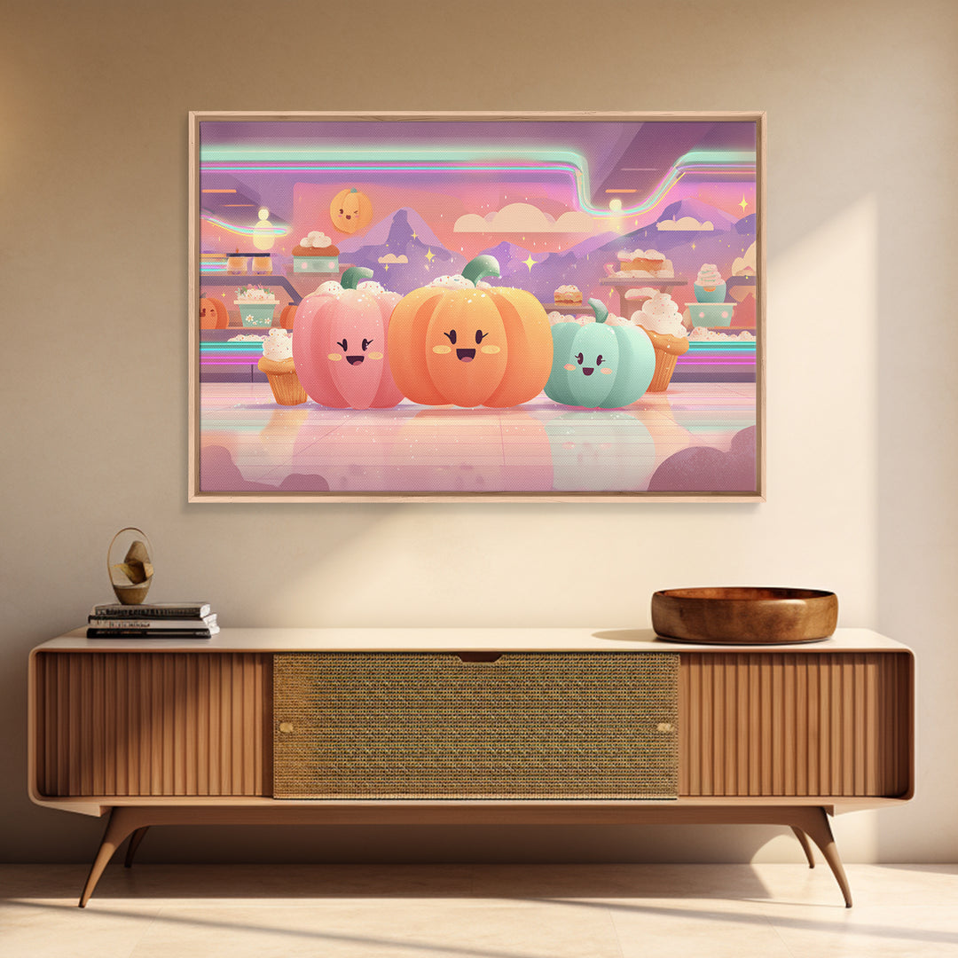 The Pumpkin Bakery, Vaporwave Halloween Decor, Landscape Wall Art, Framed Canvas Print, Retro Halloween Decor, Neon Wall Art