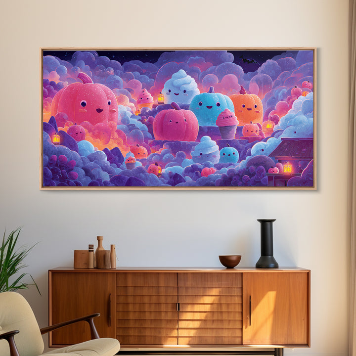 The Pumpkin Bakery, 80s Halloween Wall Art, Wide Panoramic Art, Canvas Print, Retro Halloween Decor, Neon Wall Art, Collectible Wall Decor