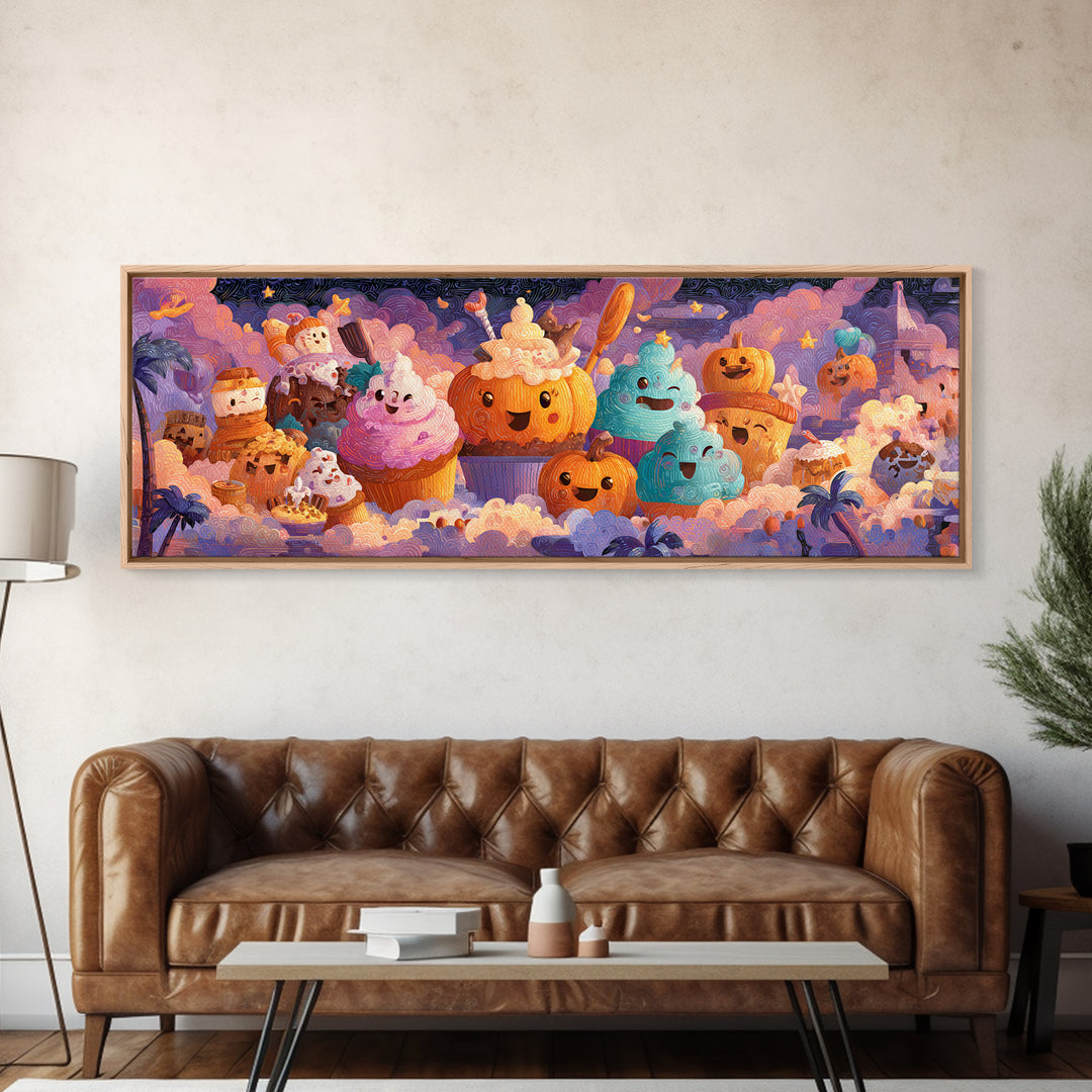 The Pumpkin Bakery, Cute Spooky Neon Art, Extra Wide Wall Art, Framed Canvas Print, Retro Halloween Decor, Neon Wall Art, Macabre Wall Art