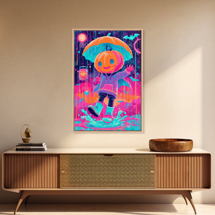 The Pumpkin Umbrella, Cute Spooky Neon Art, Vertical Wall Art, Canvas Print, Retro Halloween Decor, Neon Wall Art, Spooky Wall Decor