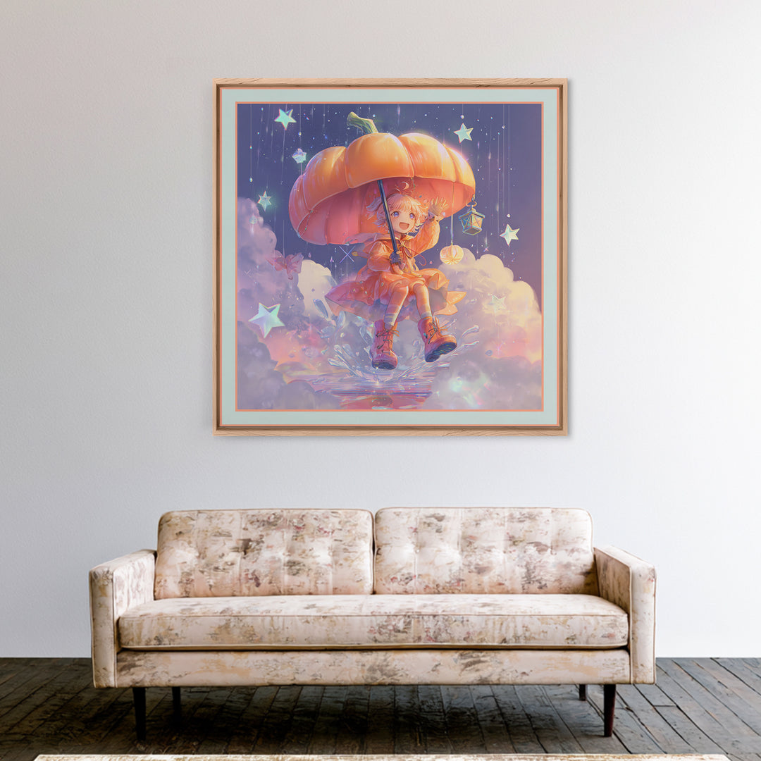 The Pumpkin Umbrella, Synthwave Halloween Art, Square Wall Art, Framed Canvas Print, Retro Halloween Decor, Neon Wall Art, Gothic Home Decor