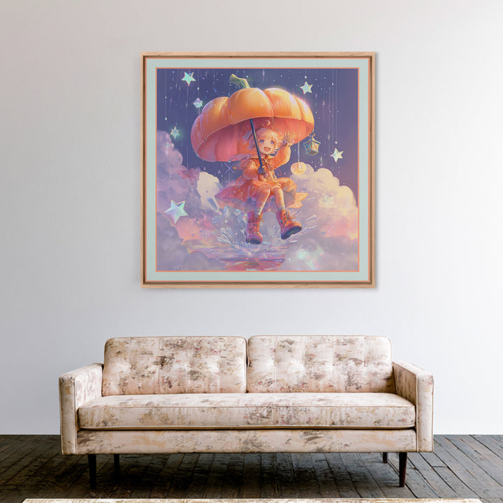 The Pumpkin Umbrella, Synthwave Halloween Art, Square Wall Art, Framed Canvas Print, Retro Halloween Decor, Neon Wall Art, Gothic Home Decor