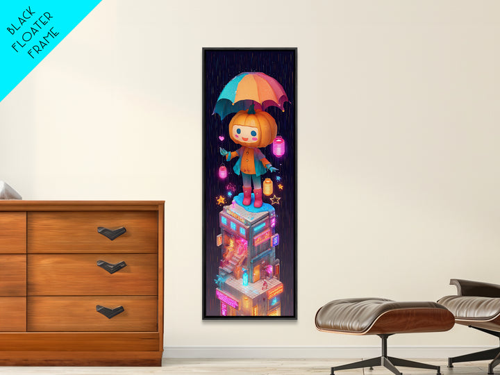 The Pumpkin Umbrella, Vaporwave Halloween Decor, Tall Narrow Wall Art, Framed Canvas Print, Retro Halloween Decor, Neon Wall Art