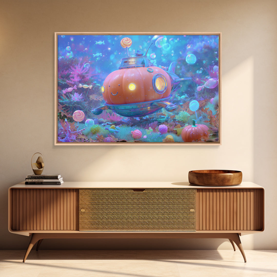 The Pumpkin Submarine, Synthwave Halloween Art, Landscape Wall Art, Canvas Print, Retro Halloween Decor, Neon Wall Art