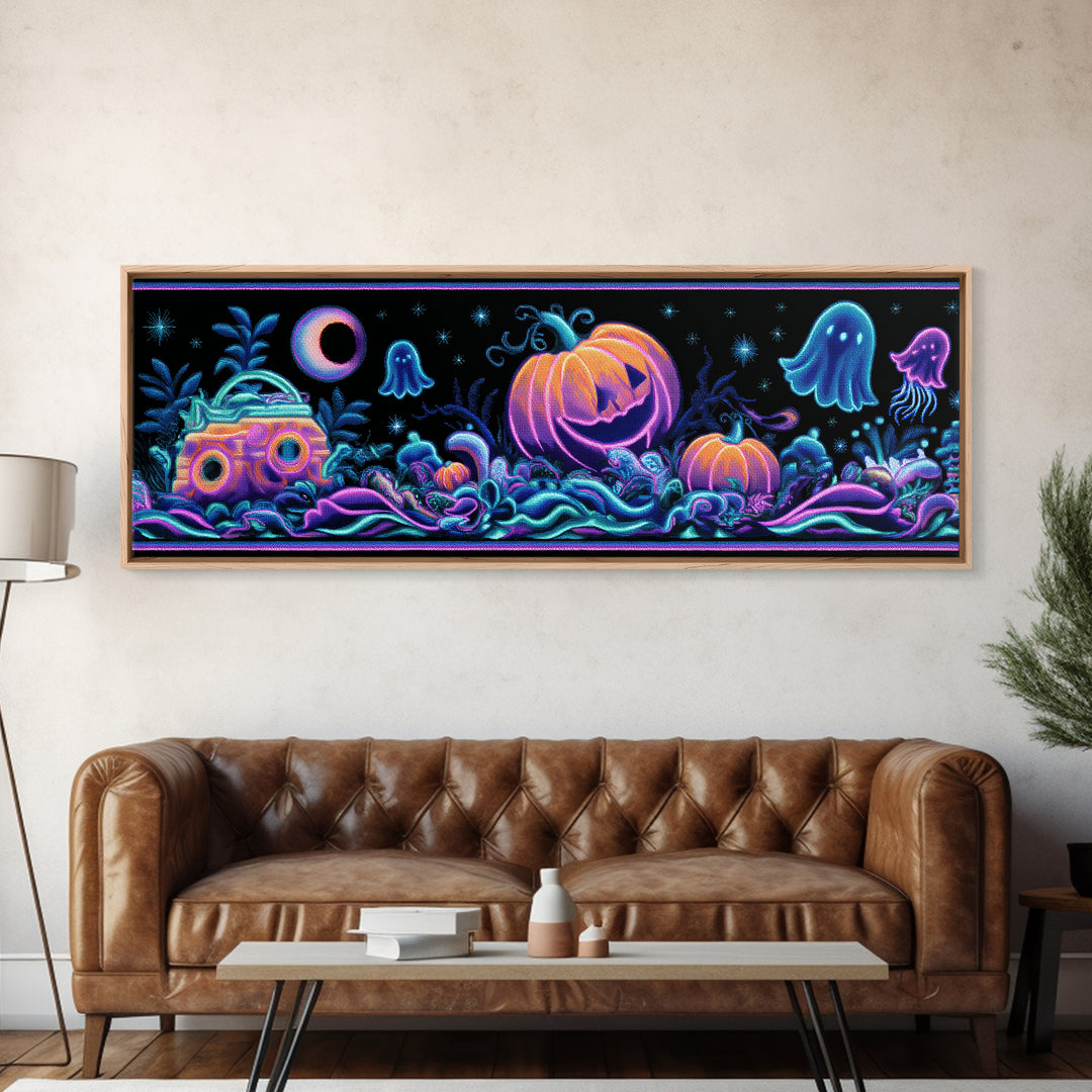 The Pumpkin Submarine, Cute Spooky Neon Art, Extra Wide Wall Art, Canvas Print, Retro Halloween Decor, Neon Wall Art, Collectible Wall Decor