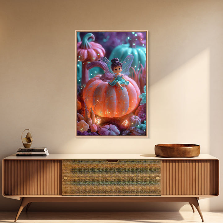 The Pumpkin Fairy Garden, 80s Halloween Wall Art, Vertical Wall Art, Canvas Print, Retro Halloween Decor, Neon Wall Art