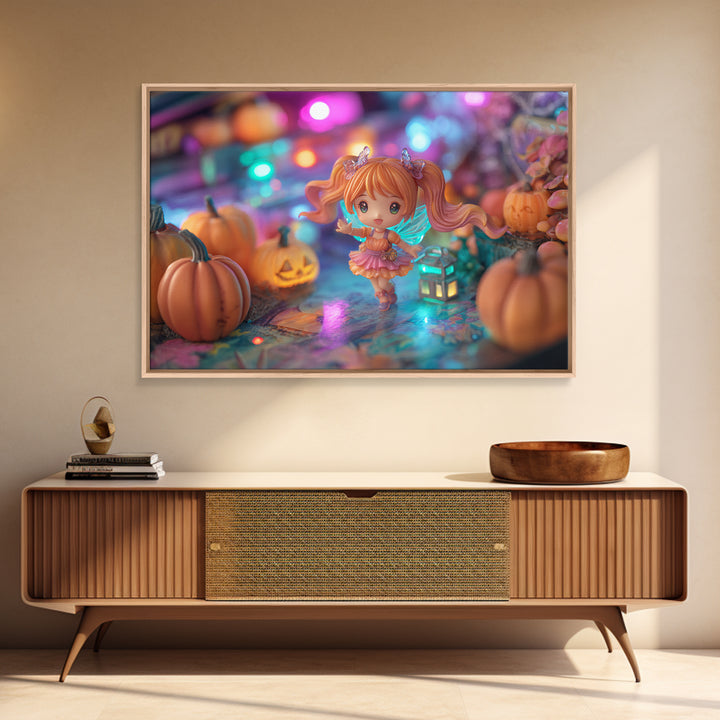 The Pumpkin Fairy Garden, Retro Neon Halloween Art, Landscape Wall Art, Canvas Print, Retro Halloween Decor, Neon Wall Art