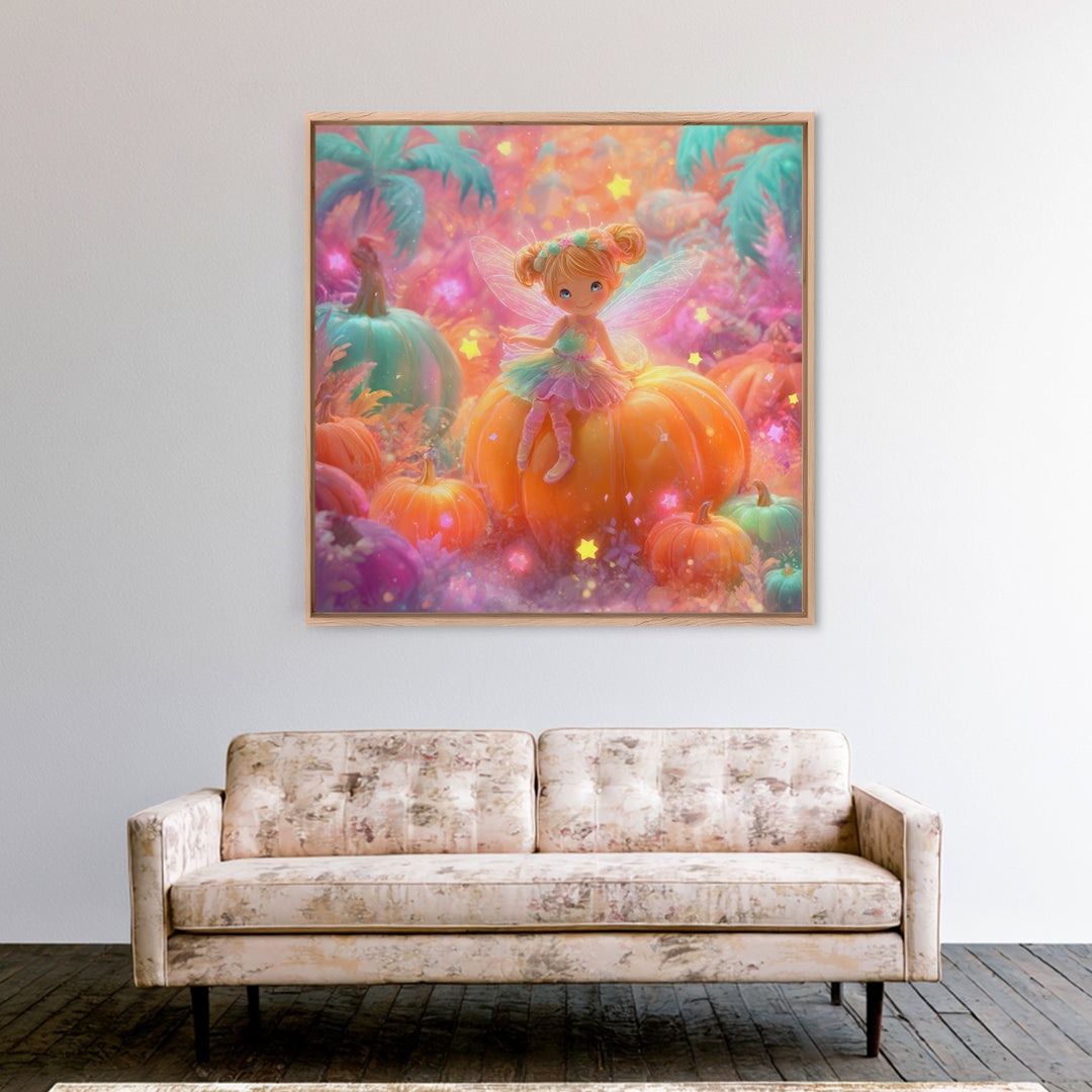 The Pumpkin Fairy Garden, Cute Spooky Neon Art, Square Wall Art, Framed Canvas Print, Retro Halloween Decor, Neon Wall Art