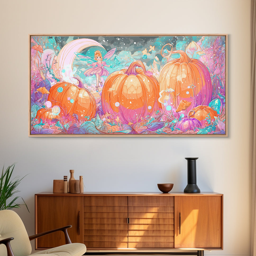 The Pumpkin Fairy Garden, Vaporwave Halloween Decor, Wide Panoramic Art, Canvas Print, Retro Halloween Decor, Neon Wall Art
