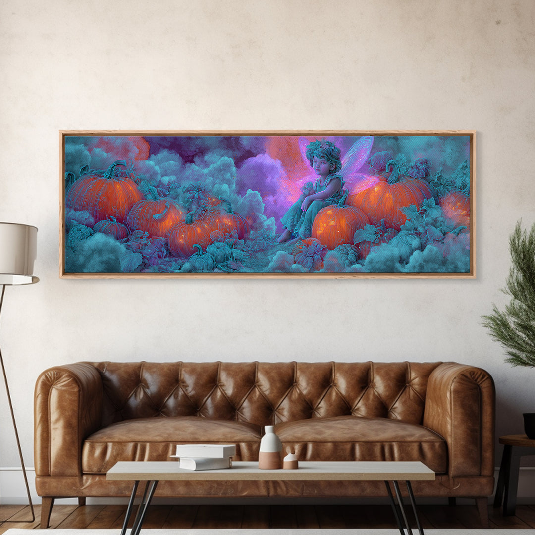The Pumpkin Fairy Garden, Synthwave Halloween Art, Extra Wide Wall Art, Canvas Print, Retro Halloween Decor, Neon Wall Art, Horror Wall Art