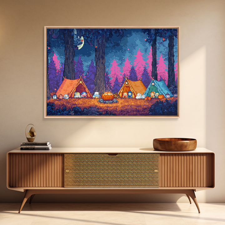 The Pumpkin Campout, Synthwave Halloween Art, Landscape Wall Art, Framed Canvas Print, Retro Halloween Decor, Neon Wall Art