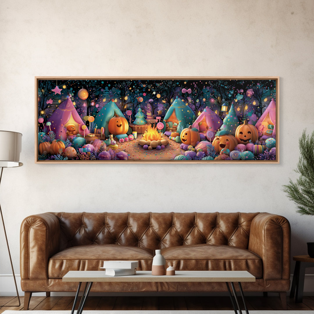 The Pumpkin Campout, Vaporwave Halloween Decor, Extra Wide Wall Art, Canvas Print, Retro Halloween Decor, Neon Wall Art, Statement Wall Art