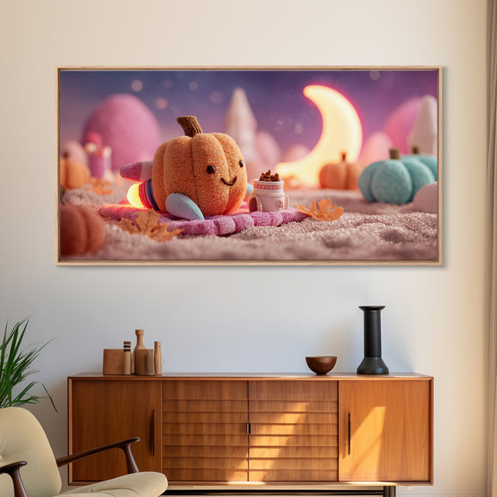 The Pumpkin Rocket Ship, Synthwave Halloween Art, Wide Panoramic Art, Framed Canvas Print, Retro Halloween Decor, Neon Wall Art