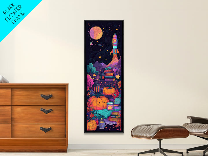 The Pumpkin Rocket Ship, 80s Halloween Wall Art, Tall Narrow Wall Art, Framed Canvas Print, Retro Halloween Decor, Neon Wall Art