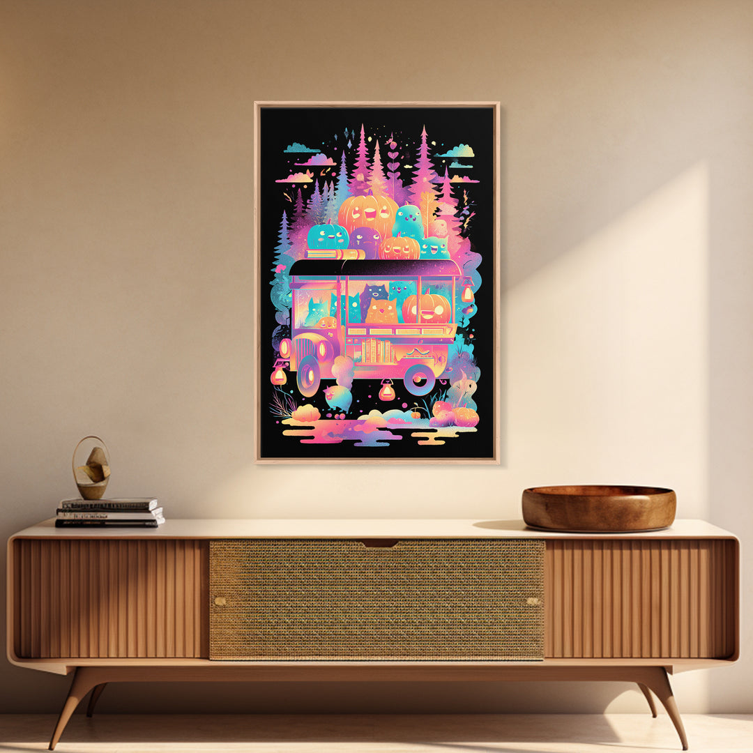 The Pumpkin Bookmobile, Synthwave Halloween Art, Vertical Wall Art, Framed Canvas Print, Retro Halloween Decor, Neon Wall Art