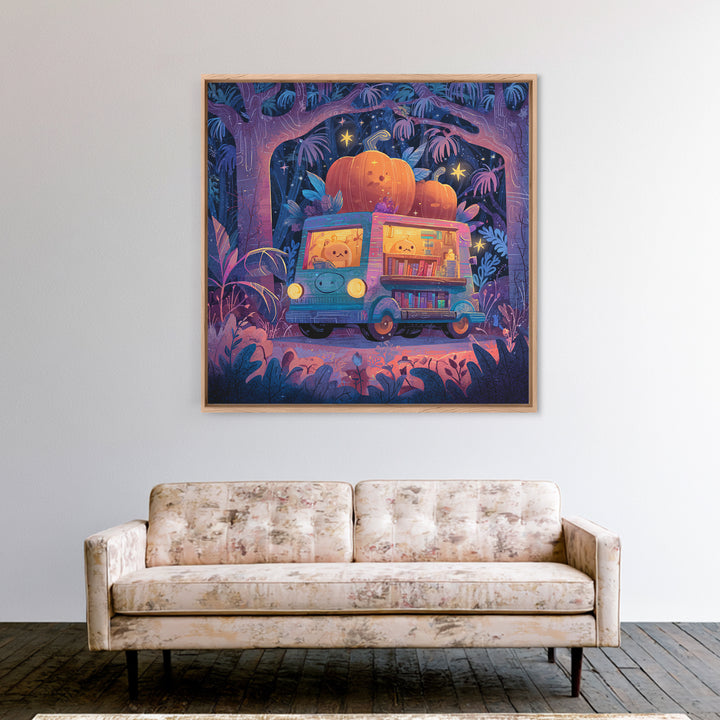The Pumpkin Bookmobile, Synthwave Halloween Art, Square Wall Art, Framed Canvas Print, Retro Halloween Decor, Neon Wall Art