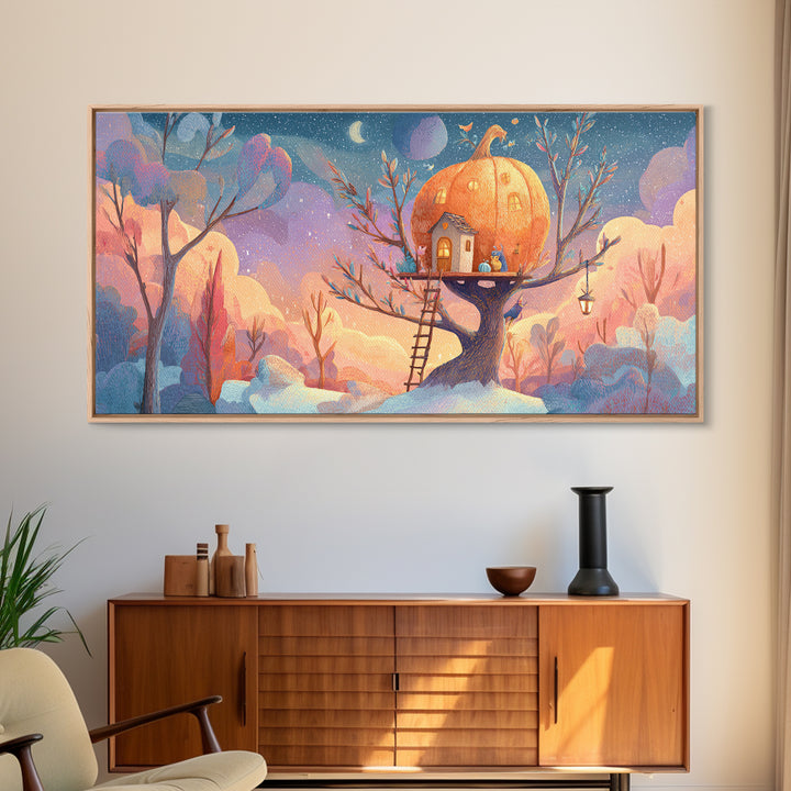 The Pumpkin Treehouse, Cute Spooky Neon Art, Wide Panoramic Art, Framed Canvas Print, Retro Halloween Decor, Neon Wall Art