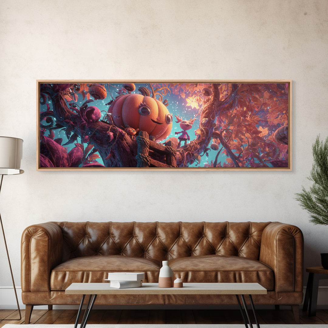 The Pumpkin Treehouse, Vaporwave Halloween Decor, Extra Wide Wall Art, Canvas Print, Retro Halloween Decor, Neon Wall Art
