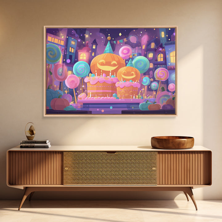 The Great Pumpkin Birthday Party, Cute Spooky Neon Art, Landscape Wall Art, Canvas Print, Retro Halloween Decor, Neon Wall Art