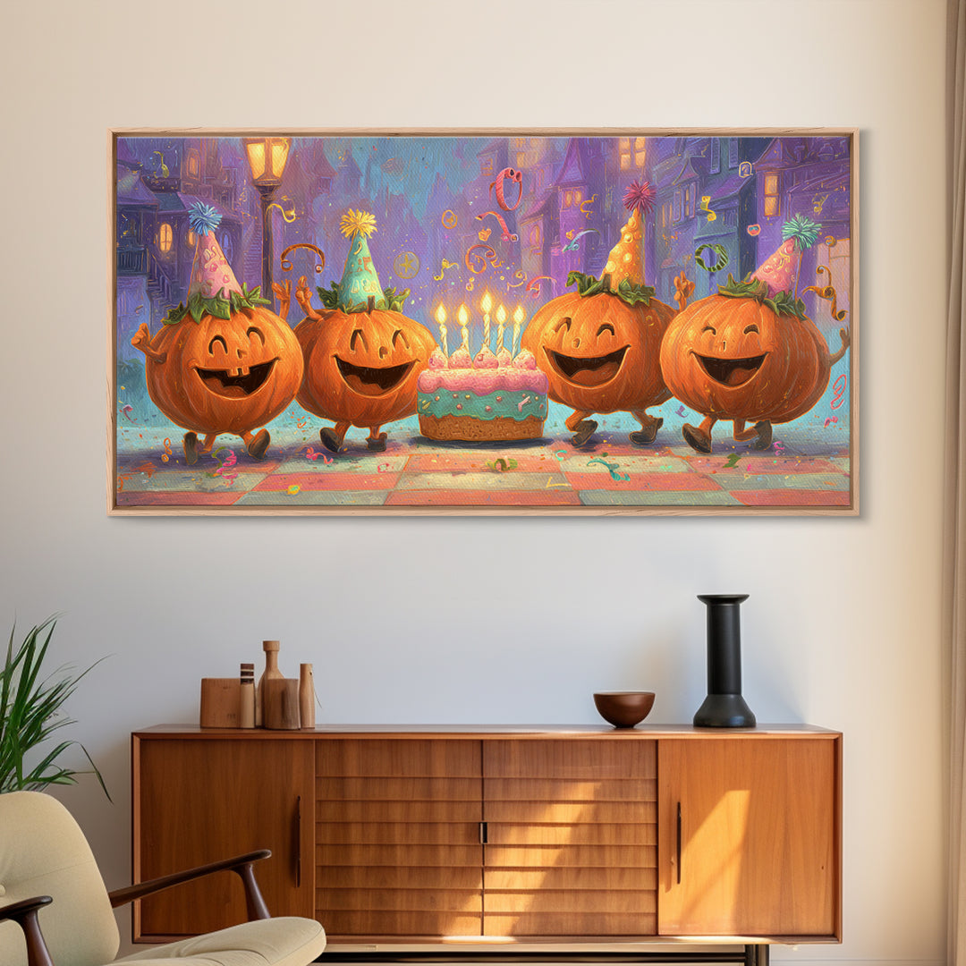 The Great Pumpkin Birthday Party, 80s Halloween Wall Art, Wide Panoramic Art, Framed Canvas Print, Retro Halloween Decor, Neon Wall Art