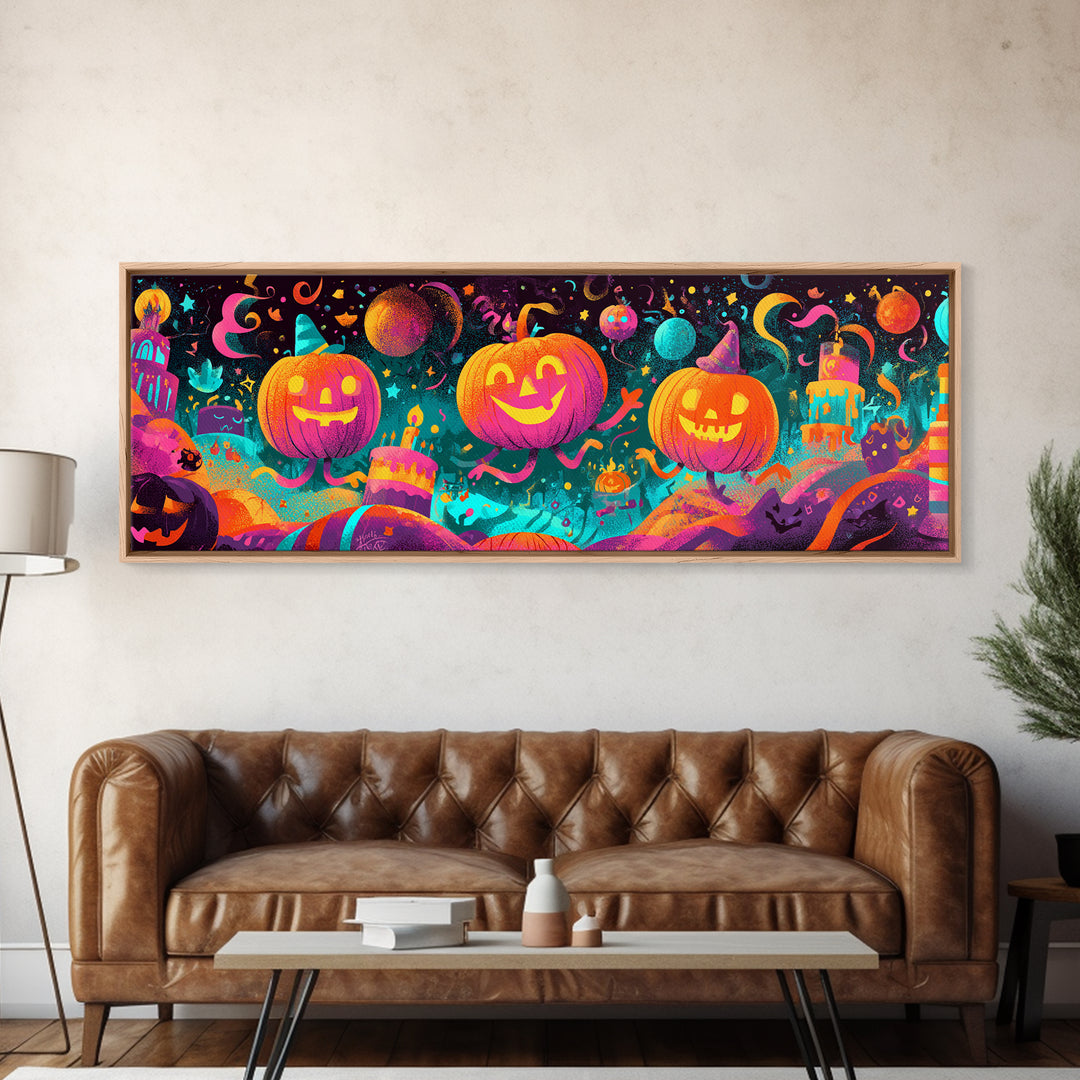 The Great Pumpkin Birthday Party, 80s Halloween Wall Art, Extra Wide Wall Art, Canvas Print, Retro Halloween Decor, Neon Wall Art