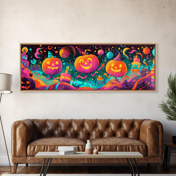 The Great Pumpkin Birthday Party, 80s Halloween Wall Art, Extra Wide Wall Art, Canvas Print, Retro Halloween Decor, Neon Wall Art