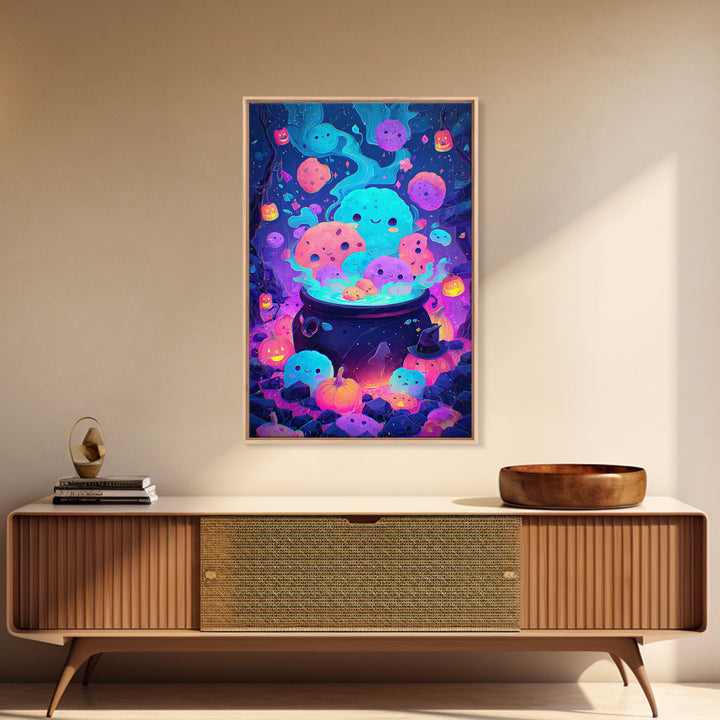 The Cookie Cauldron, Synthwave Halloween Art, Vertical Wall Art, Framed Canvas Print, Retro Halloween Decor, Neon Wall Art, Horror Wall Art