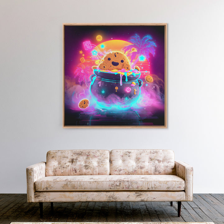 The Cookie Cauldron, Vaporwave Halloween Decor, Square Wall Art, Framed Canvas Print, Retro Halloween Decor, Neon Wall Art