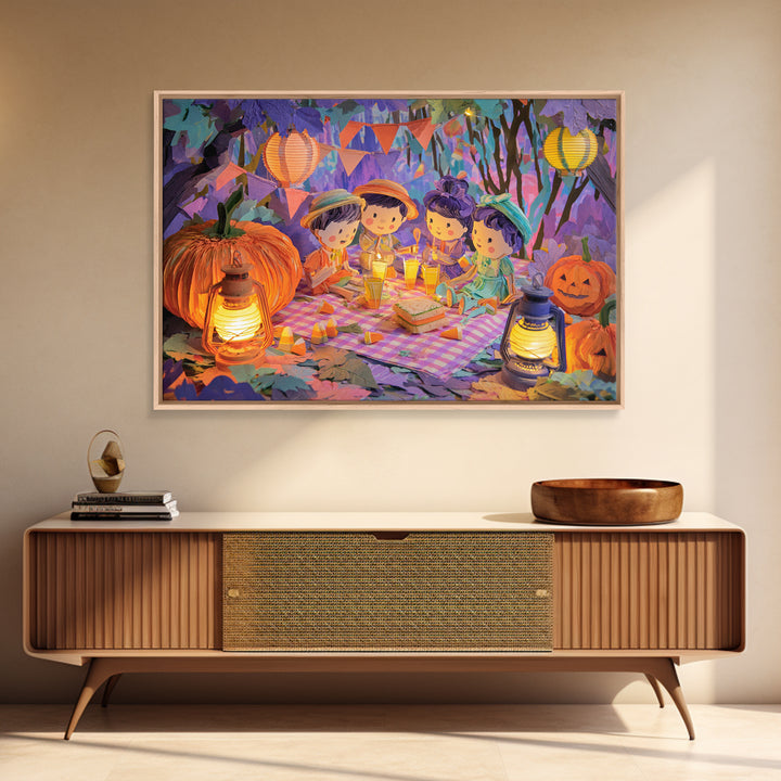 The Candy Corn Picnic, Cute Spooky Neon Art, Landscape Wall Art, Canvas Print, Retro Halloween Decor, Neon Wall Art, Collectible Wall Decor