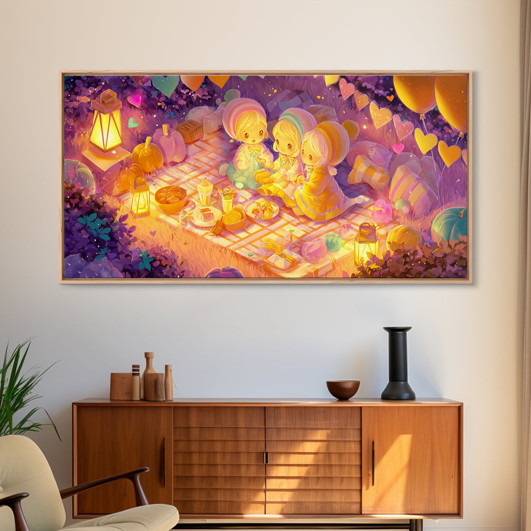 The Candy Corn Picnic, Synthwave Halloween Art, Wide Panoramic Art, Framed Canvas Print, Retro Halloween Decor, Neon Wall Art