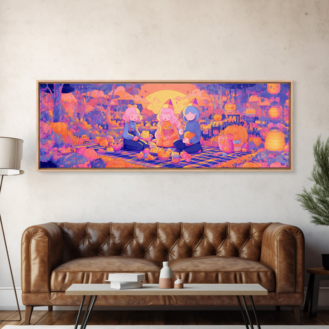 The Candy Corn Picnic, Cute Spooky Neon Art, Extra Wide Wall Art, Canvas Print, Retro Halloween Decor, Neon Wall Art, Gothic Home Decor