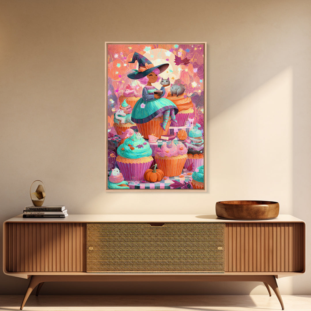 The Cupcake Costume Contest, Cute Spooky Neon Art, Vertical Wall Art, Canvas Print, Retro Halloween Decor, Neon Wall Art, Halloween Wall Art