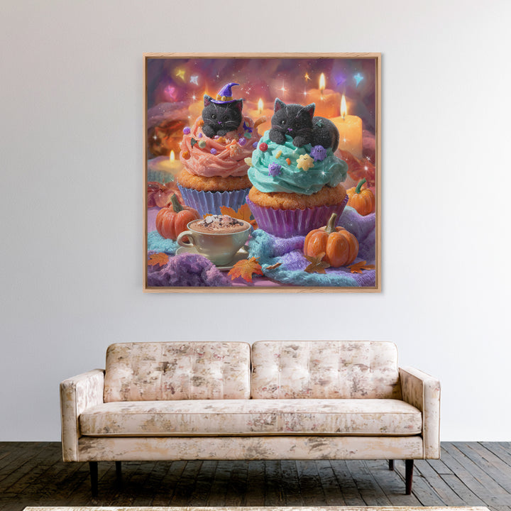 The Cupcake Costume Contest, Vaporwave Halloween Decor, Square Wall Art, Framed Canvas Print, Retro Halloween Decor, Neon Wall Art