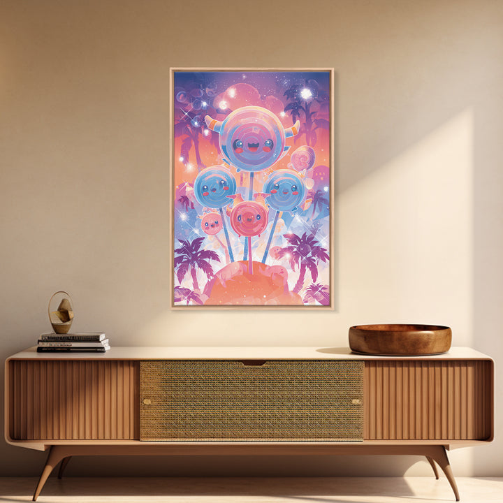 The Friendly Lollipop Monsters, Synthwave Halloween Art, Vertical Wall Art, Canvas Print, Retro Halloween Decor, Neon Wall Art