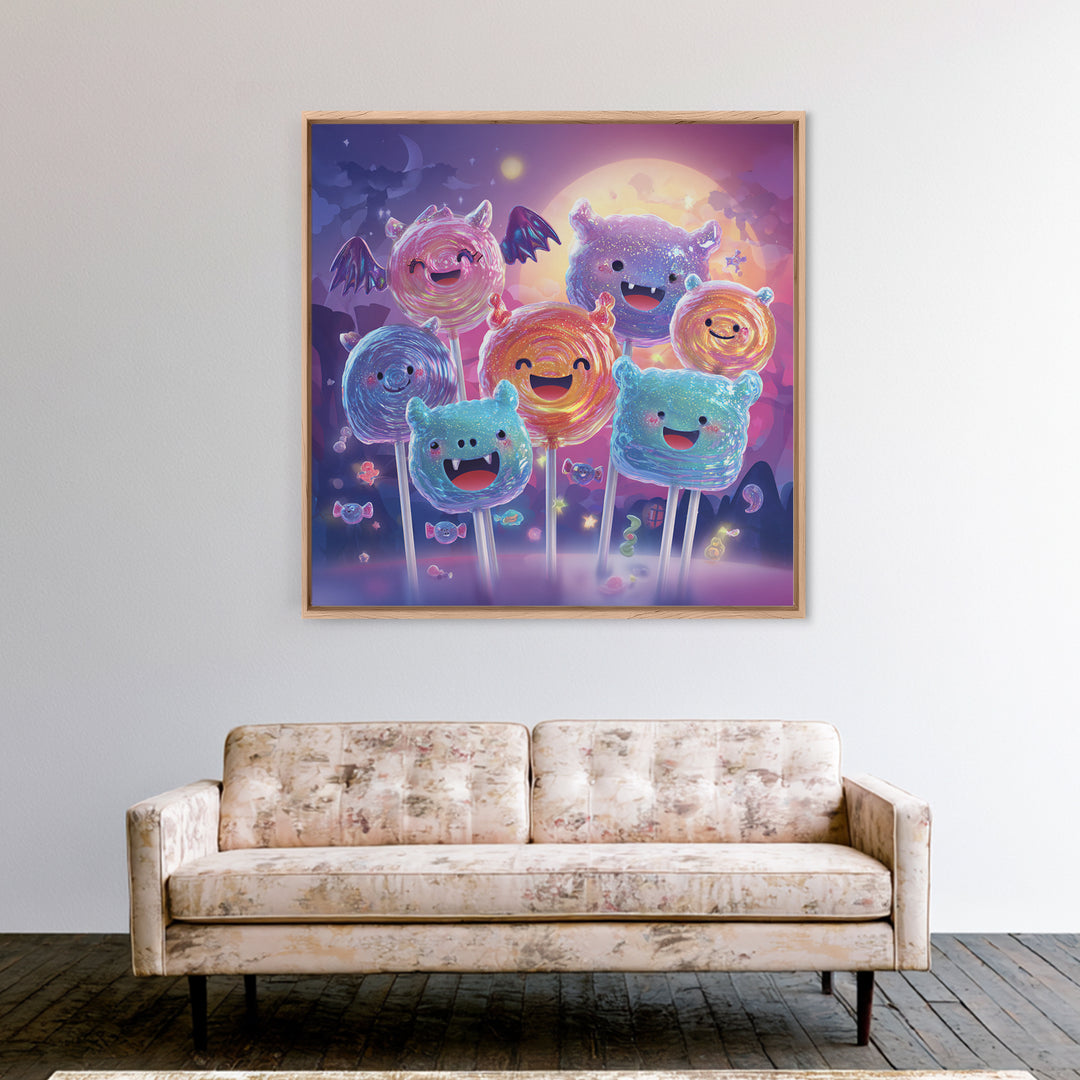 The Friendly Lollipop Monsters, Retro Neon Halloween Art, Square Wall Art, Framed Canvas Print, Retro Halloween Decor, Neon Wall Art