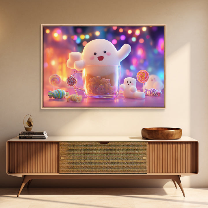 The Marshmallow Ghost Choir, Synthwave Halloween Art, Landscape Wall Art, Canvas Print, Retro Halloween Decor, Neon Wall Art