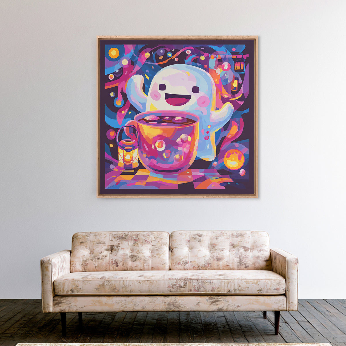The Marshmallow Ghost Choir, Vaporwave Halloween Decor, Square Wall Art, Canvas Print, Retro Halloween Decor, Neon Wall Art