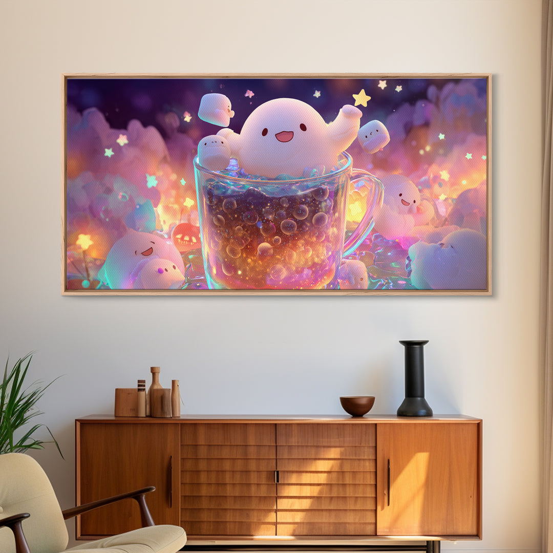 The Marshmallow Ghost Choir, 80s Halloween Wall Art, Wide Panoramic Art, Framed Canvas Print, Retro Halloween Decor, Neon Wall Art