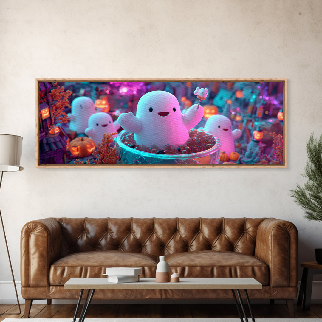 The Marshmallow Ghost Choir, Synthwave Halloween Art, Extra Wide Wall Art, Framed Canvas Print, Retro Halloween Decor, Neon Wall Art