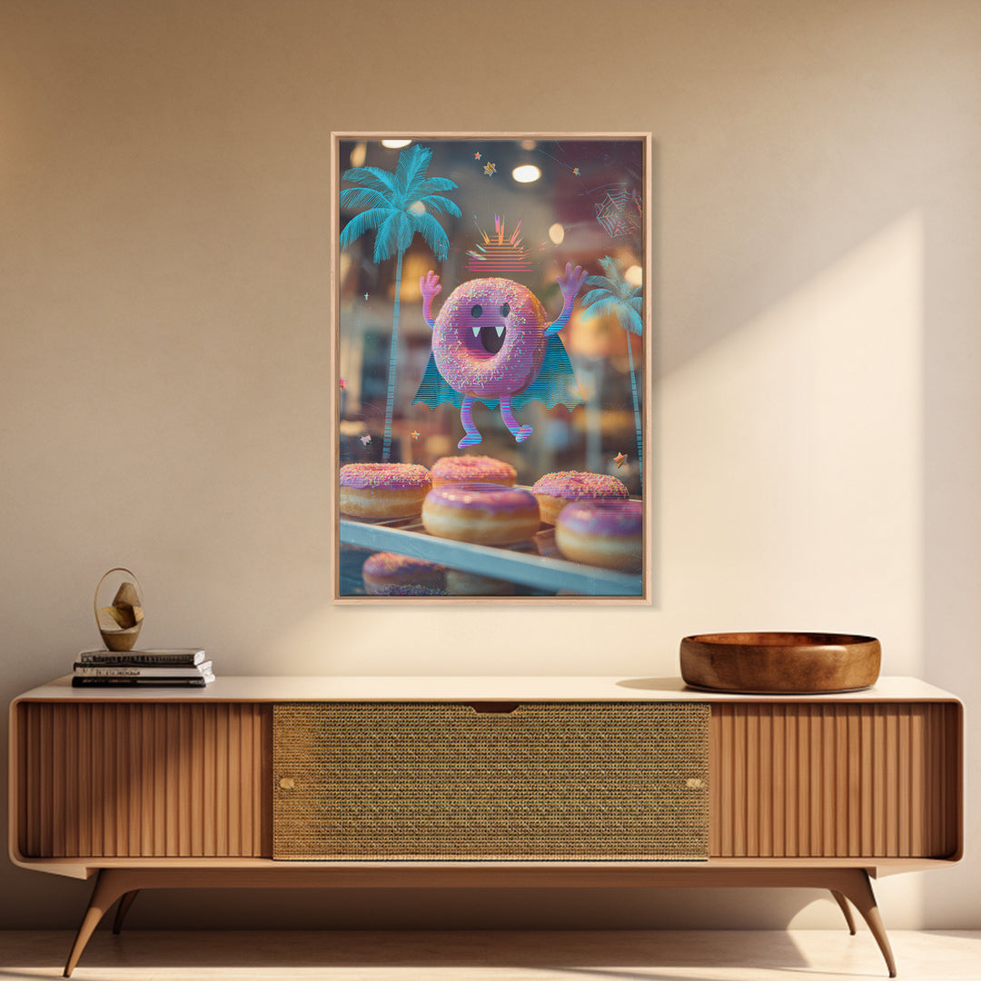 The Donut Vampire Family, Vaporwave Halloween Decor, Vertical Wall Art, Canvas Print, Retro Halloween Decor, Neon Wall Art, Macabre Wall Art