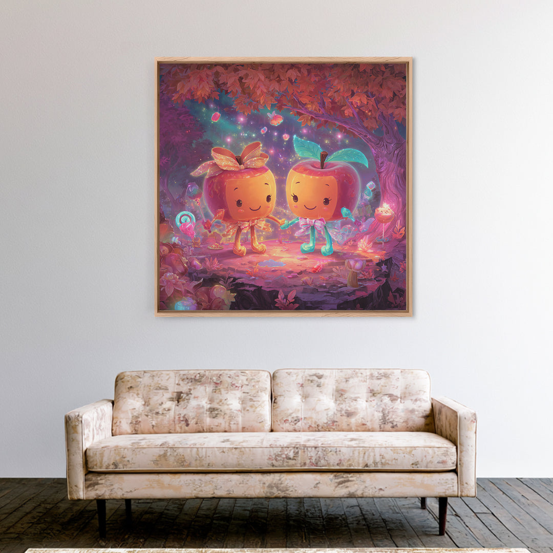 The Caramel Apple Friends, Cute Spooky Neon Art, Square Wall Art, Framed Canvas Print, Retro Halloween Decor, Neon Wall Art