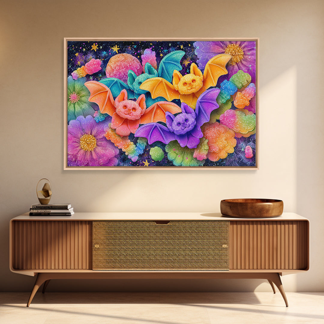 The Gummy Bat Garden, 80s Halloween Wall Art, Landscape Wall Art, Framed Canvas Print, Retro Halloween Decor, Neon Wall Art