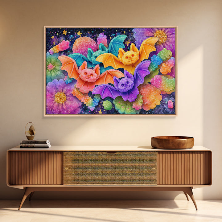 The Gummy Bat Garden, 80s Halloween Wall Art, Landscape Wall Art, Framed Canvas Print, Retro Halloween Decor, Neon Wall Art