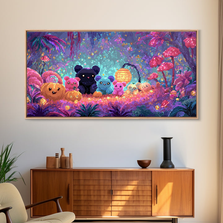 The Gummy Bat Garden, 80s Halloween Wall Art, Wide Panoramic Art, Framed Canvas Print, Retro Halloween Decor, Neon Wall Art